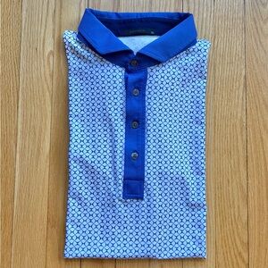 Greyson Men’s Short Sleeve Performance Polo Shirt XL White Blue Unique Pattern